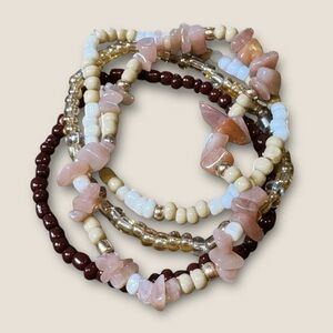 Handmade Multi-Strand Beaded Bracelet Pink Gemstone Chips + Beads